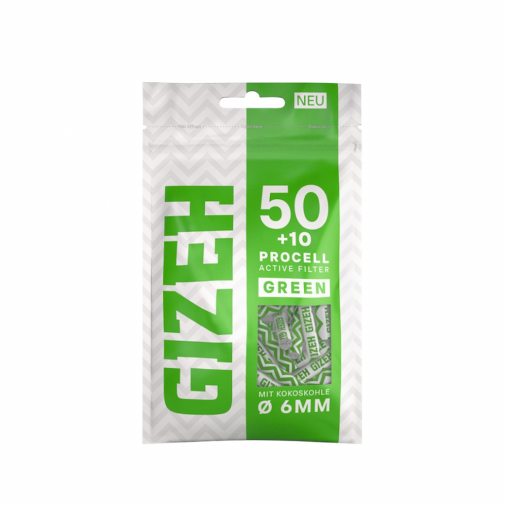 GIZEH BLACK® Procell Active Filter GREEN – 6 mm – 50 + 10 Stück Beutel