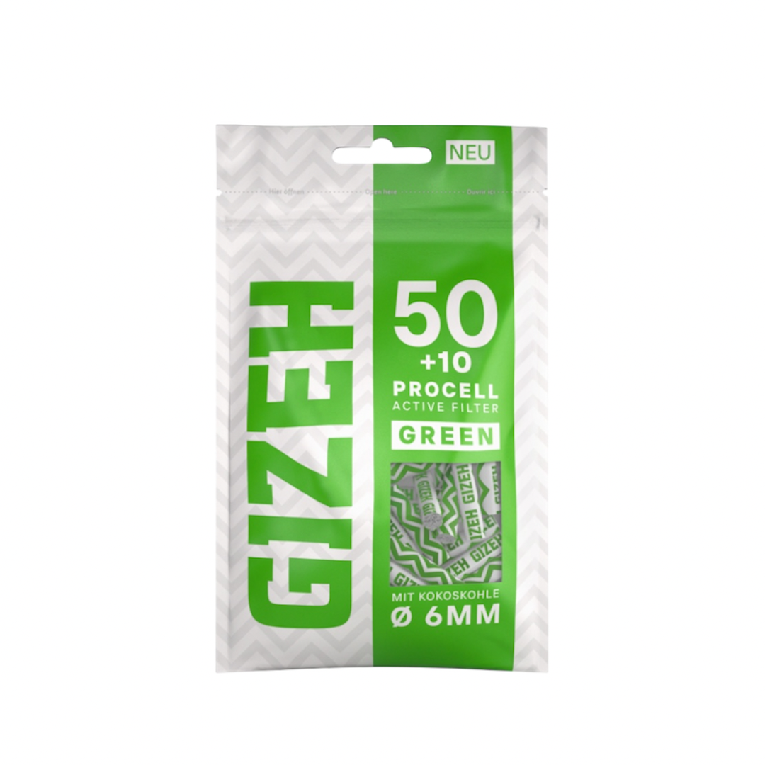 GIZEH BLACK® Procell Active Filter GREEN – 6 mm – 50 + 10 Stück Beutel